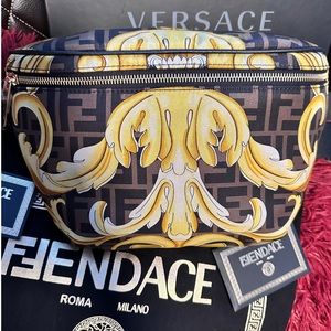 🆕🔥😍FENDI X VERSACE Nylon Cuoio Romano Fendace FF Baroque Belt Bag Black Gold